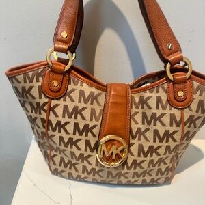 Michael Kors Brown Signature MK Logo Shoulder Tote with Gold Hardware